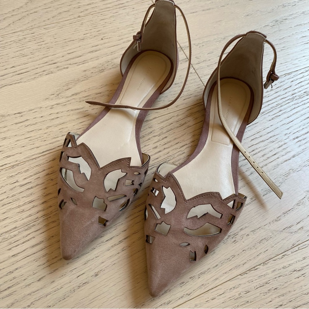 ZARA WOMAN Laser Cut Suede Pointed Toe Flats, D’Orsay, Tan, Size 37 (US 6.5)
